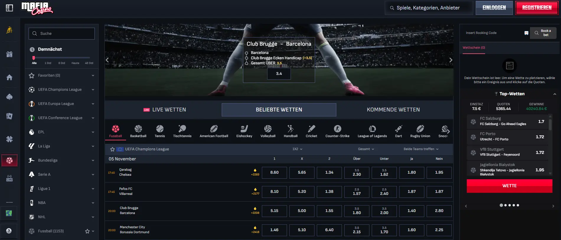 Mafia Casino Sportwetten und Live-Wetten