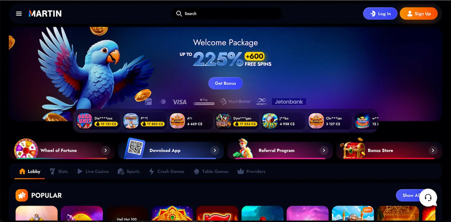 Martin Casino Canada homepage banner showing the main lobby