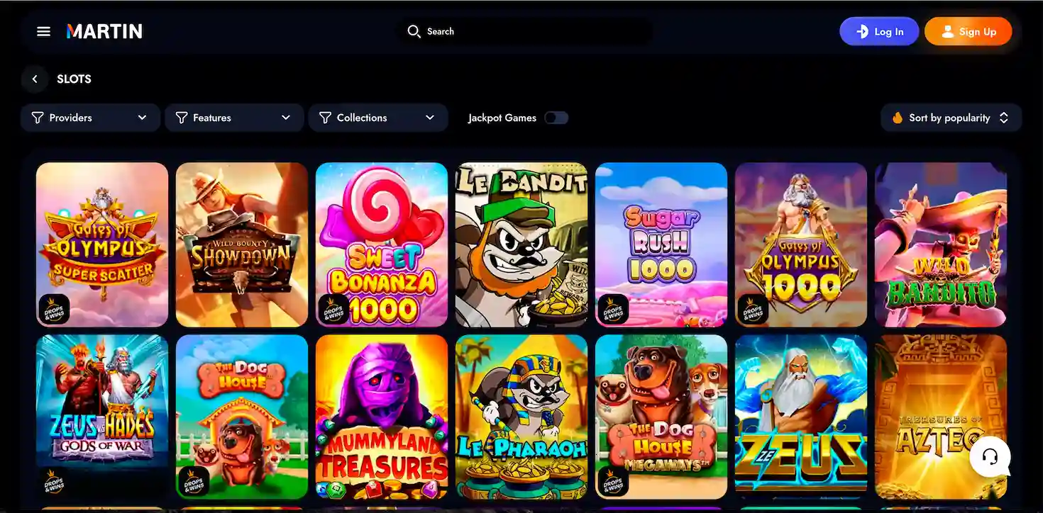 Martin Casino's extensive game library displayed on the platform homepage.
