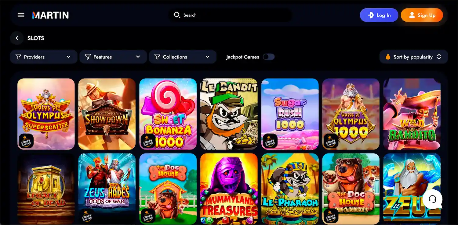 Martin Casino game lobby showing a wide selection of slot titles