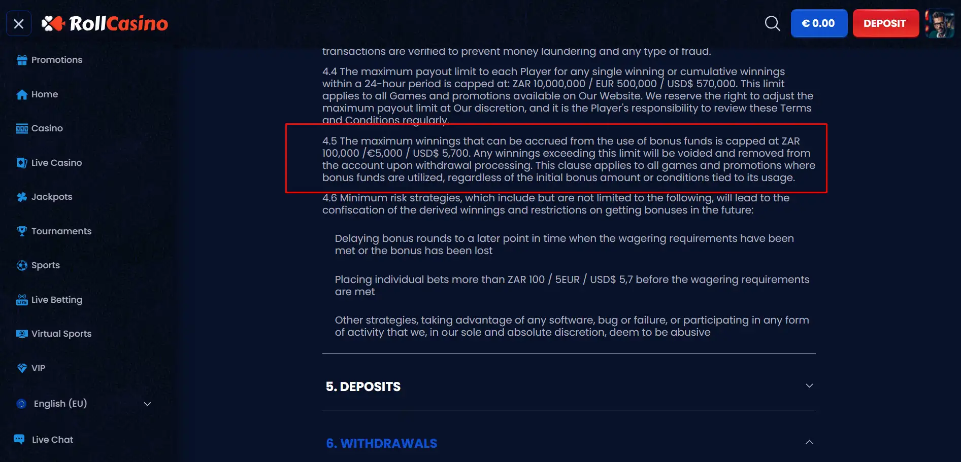 RollCasino terms and conditions page showing the maximum accrual bonus win cap rule.