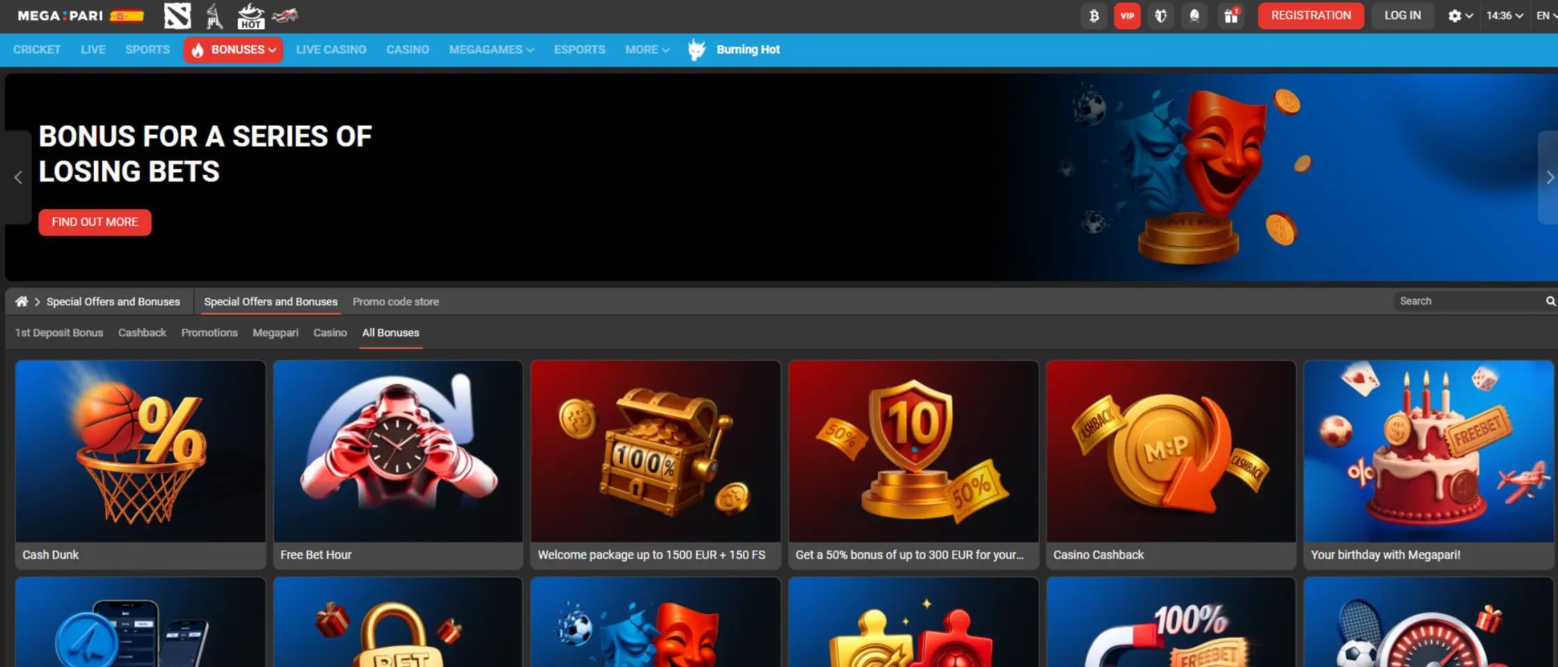 Megapari Casino bonuses and promotions overview page