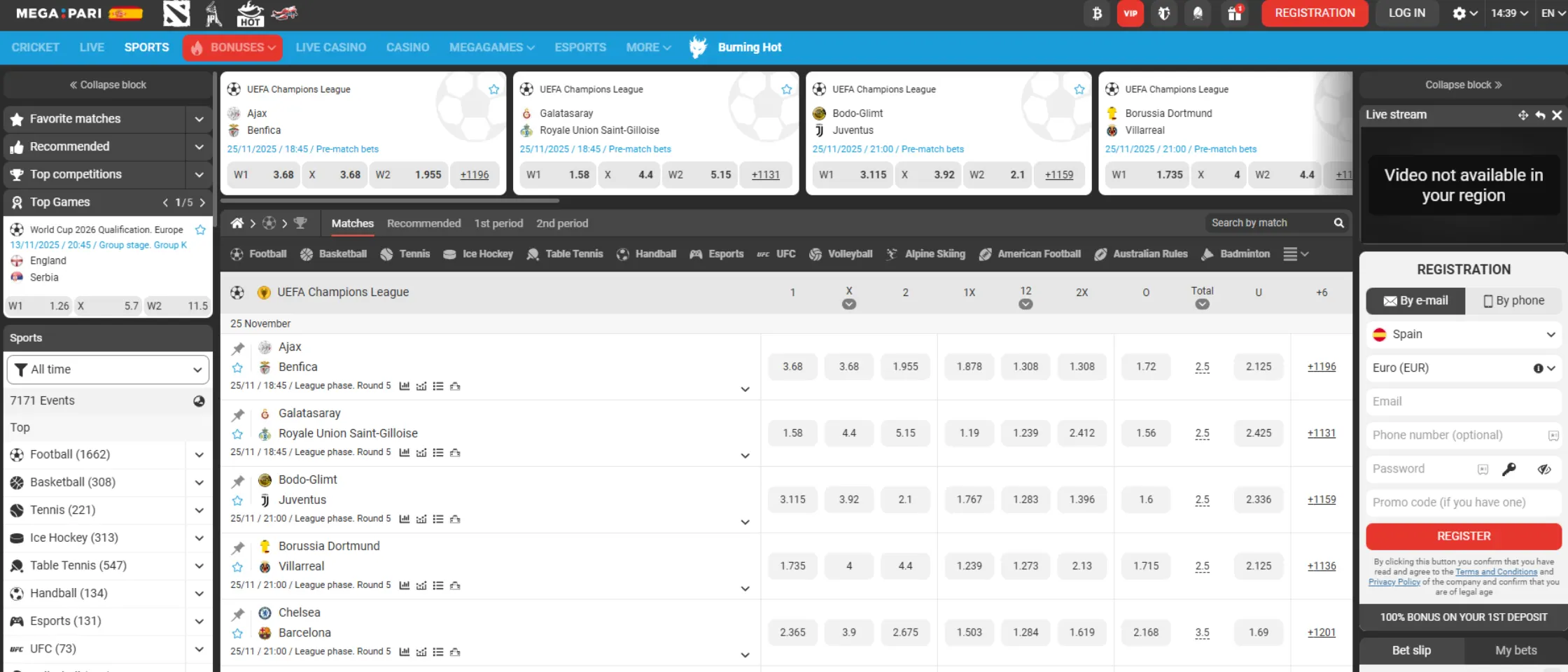 Megapari sportsbook betting interface showing sports markets and live odds