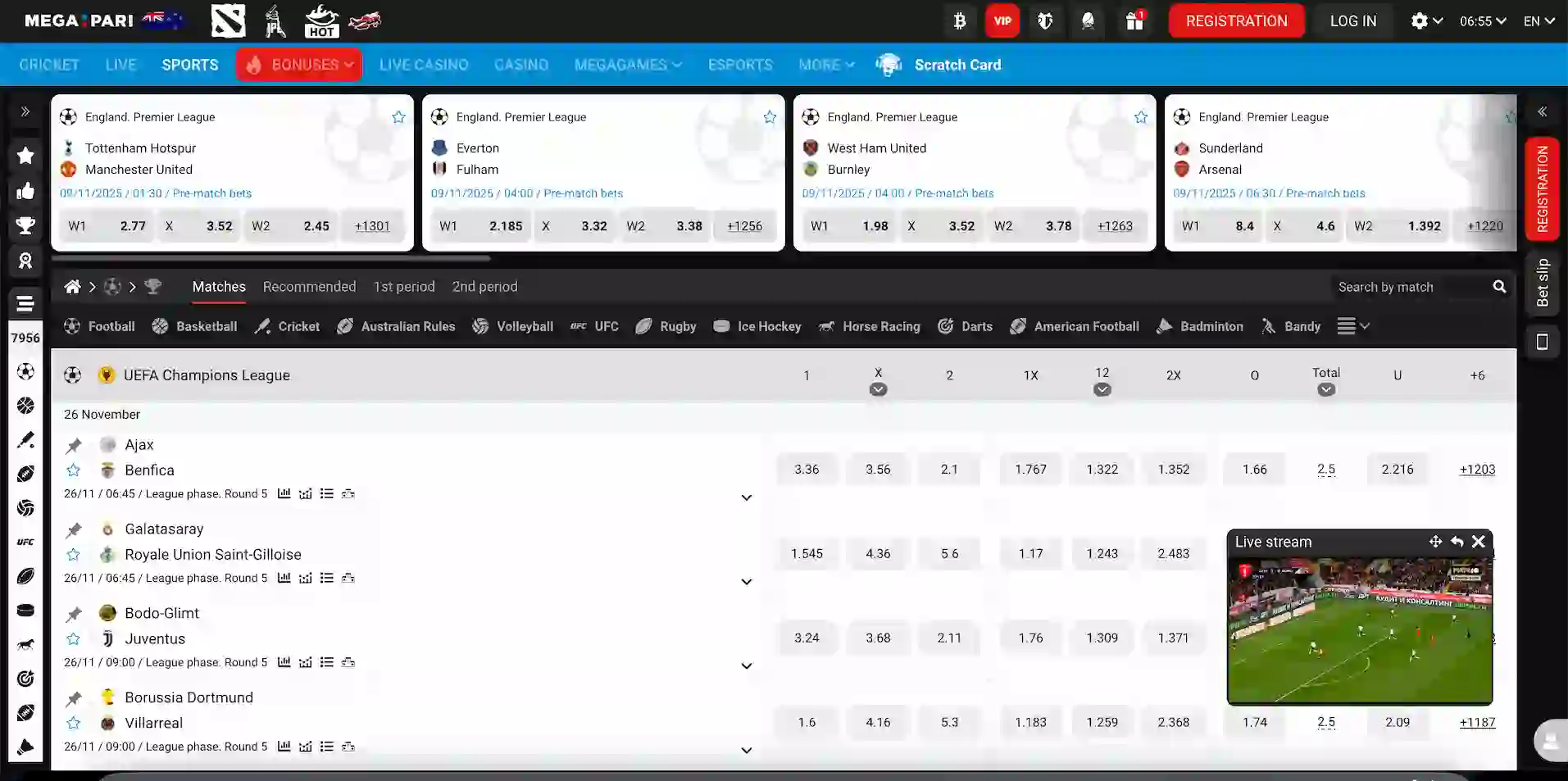 Megapari sportsbook interface displaying a wide range of sports betting markets.