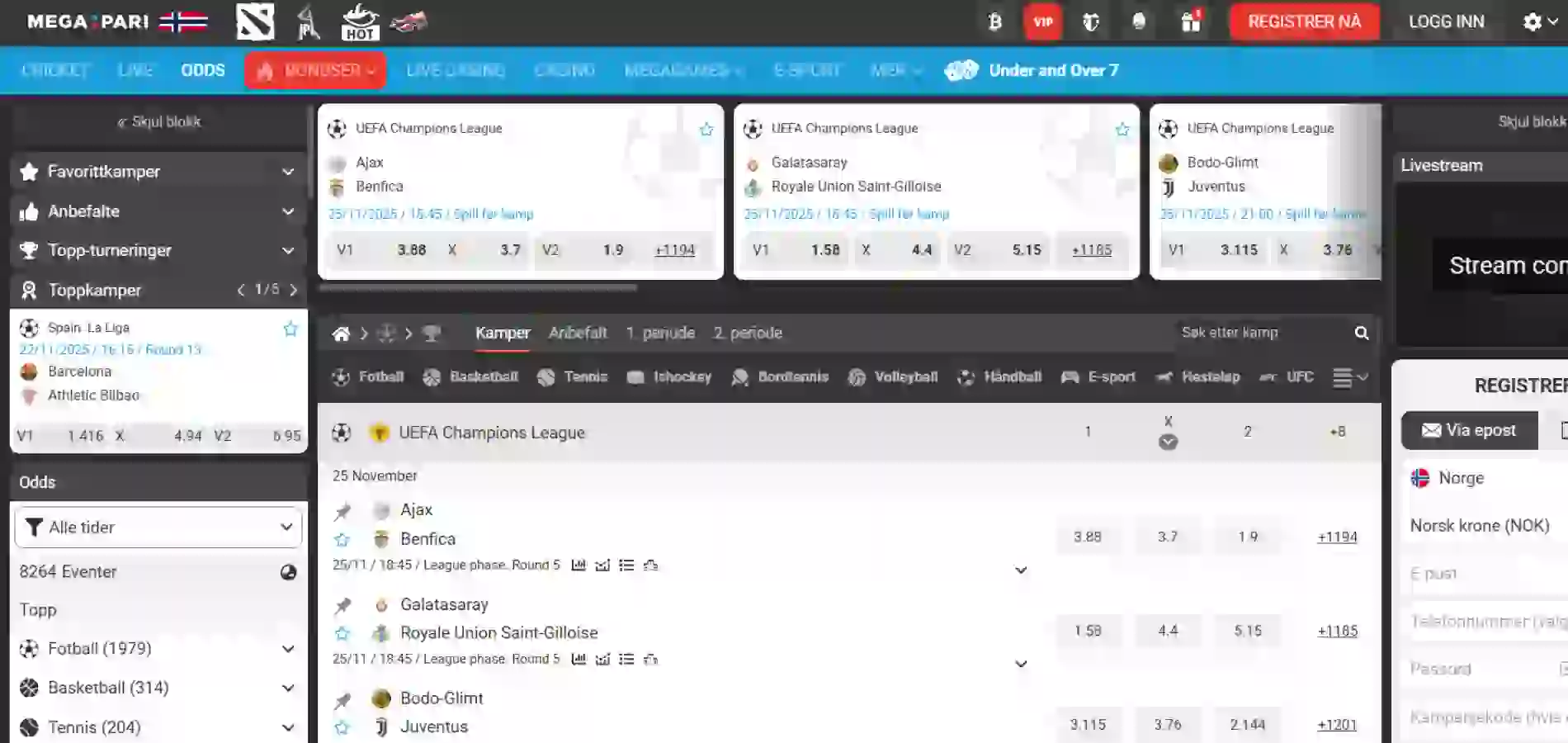 Megapari sportsbetting-side med navigasjonsmeny til venstre og oversikt over tilgjengelige markeder.