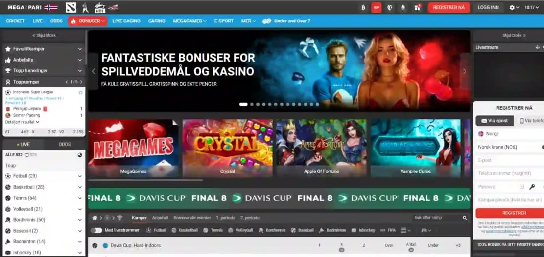 Megapari casino hjemmeside med navigasjonsmeny og spilloversikt