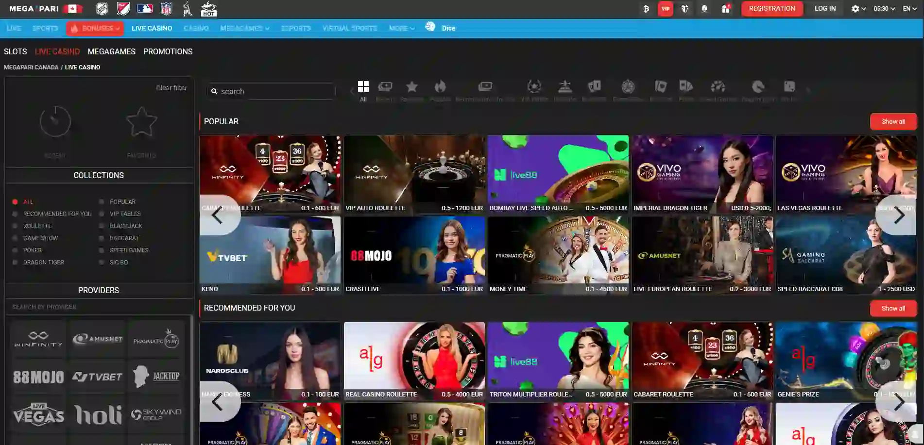 Megapari Casino live dealer table games lobby for Canadian players