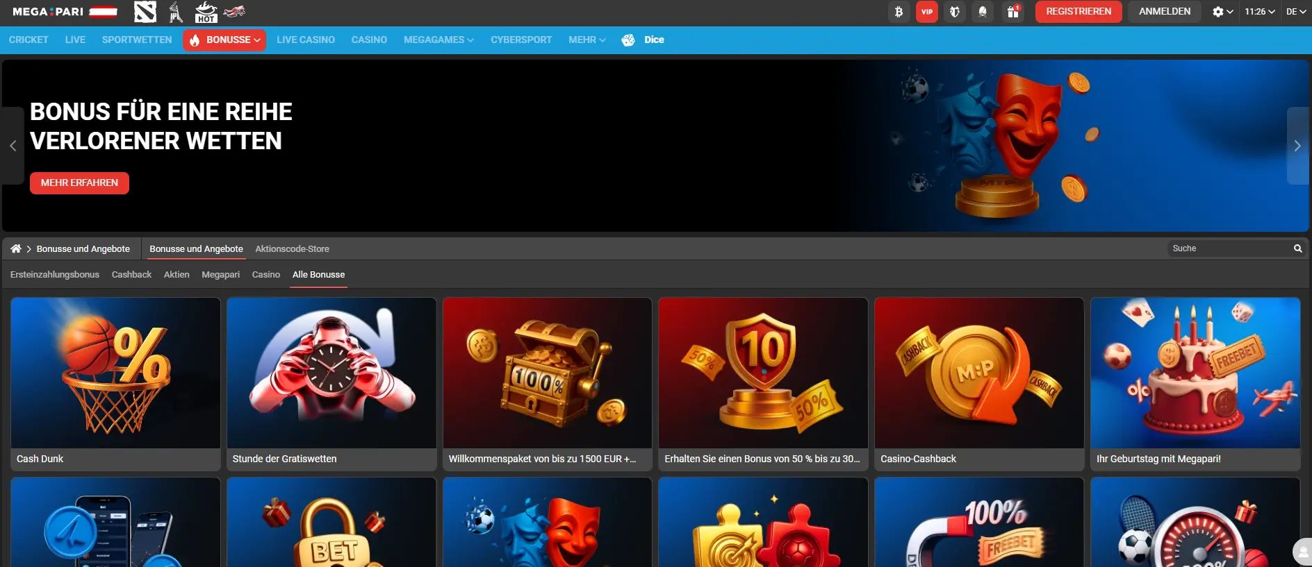 Megapari Casino Startseite mit Spielangebot und aktuellen Bonusaktionen