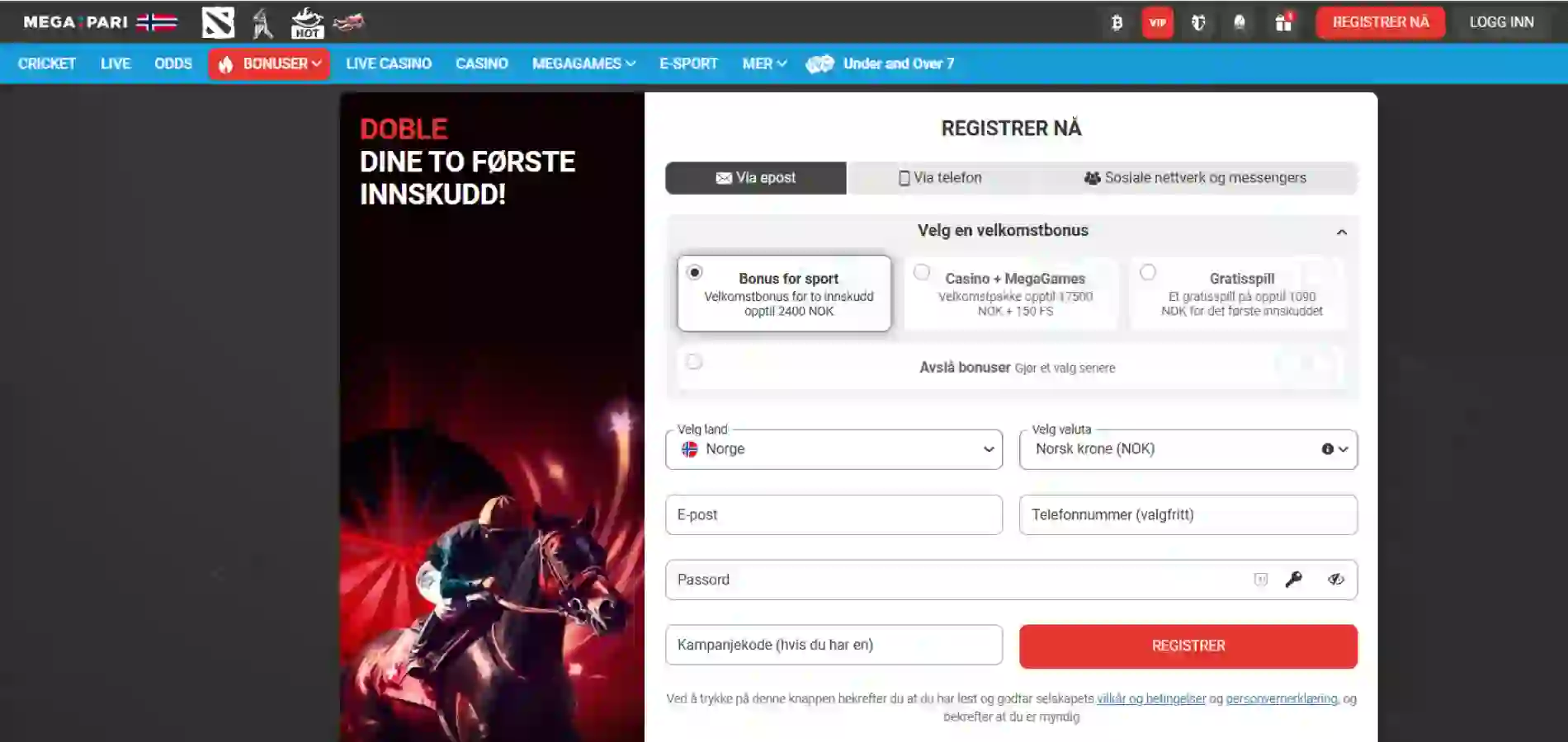Megapari casino registreringsskjema – slik oppretter du konto