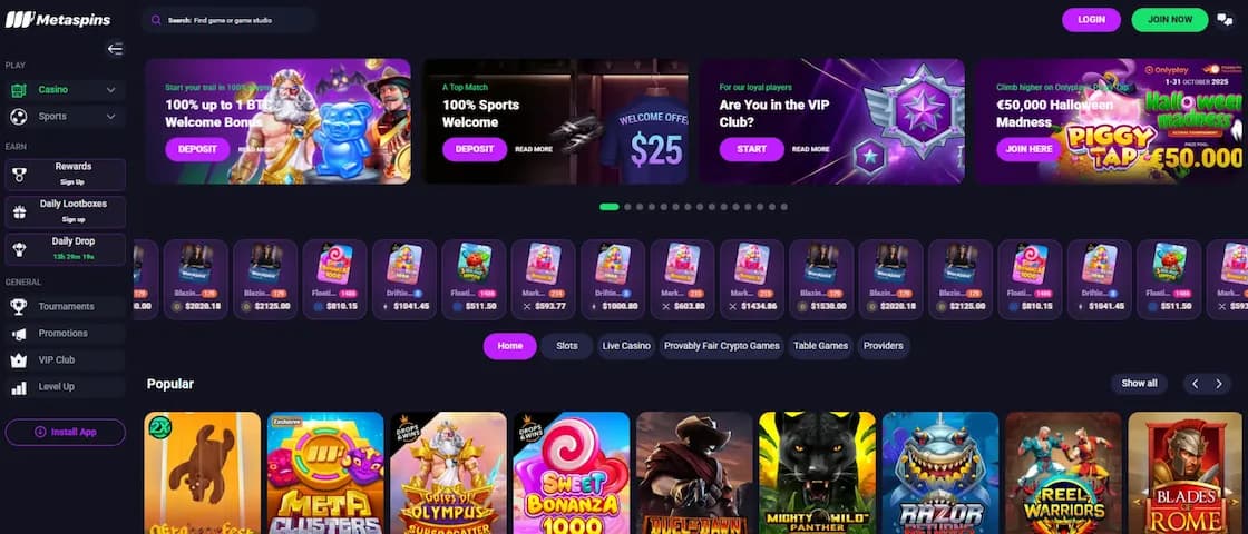 Metaspins casino game lobby showing slots and table game options