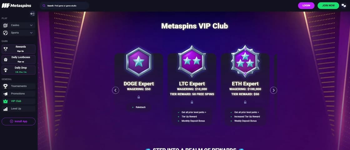 Metaspins VIP Club rewards and loyalty program banner