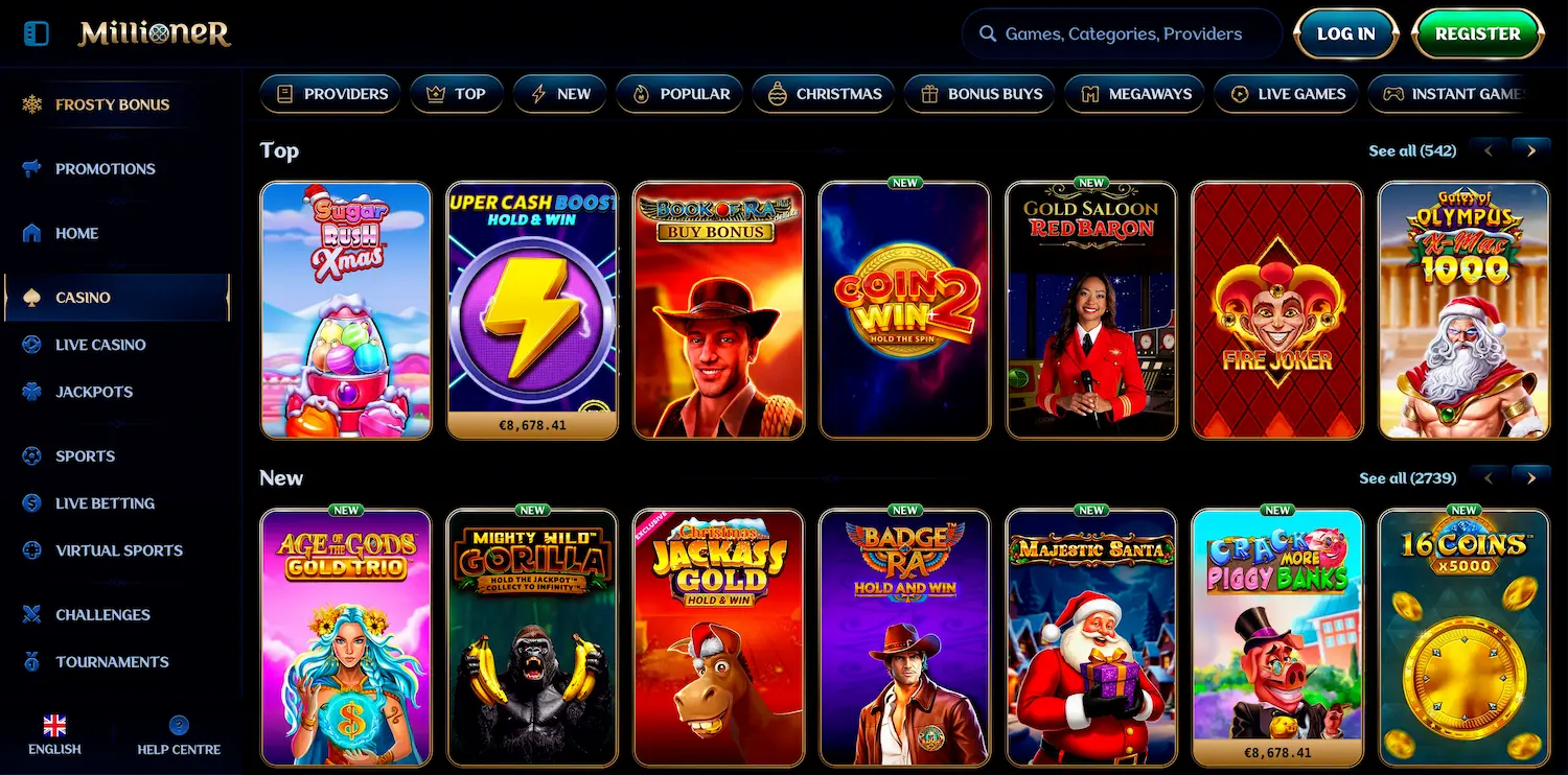 Millioner Casino game lobby showcasing a wide selection of available casino games