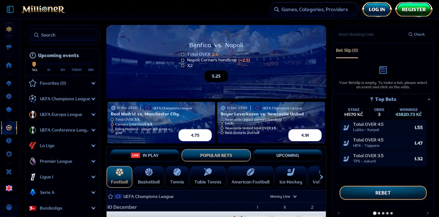Millioner Casino sports betting section showing available markets and wagering options