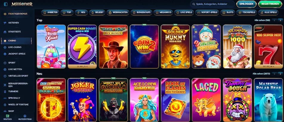 Spielautomaten und Top-Slots im Millioner Casino auf einen Blick.