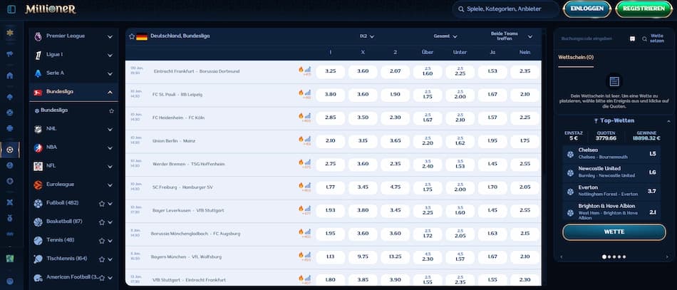 Millioner Casino Sportwetten und Live-Wetten im Überblick.