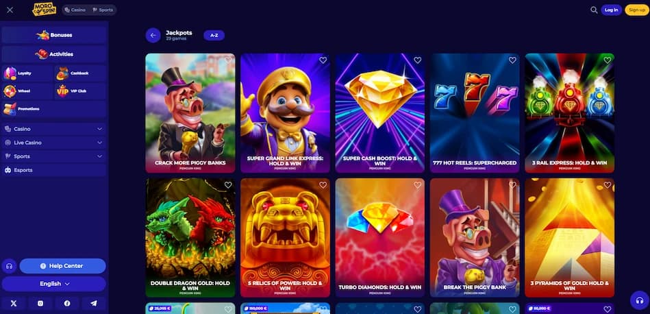 Morospin Casino progressive jackpot slot games lobby