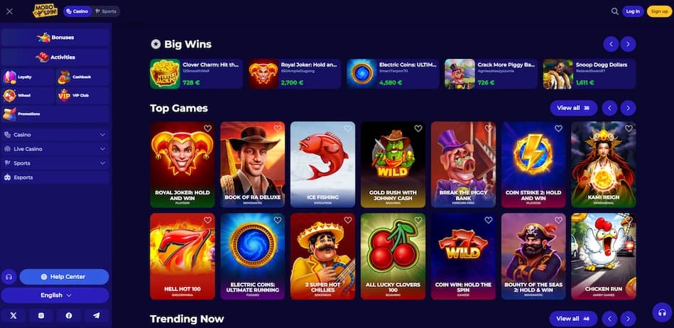 Morospin Casino slots lobby showing a wide range of available slot games