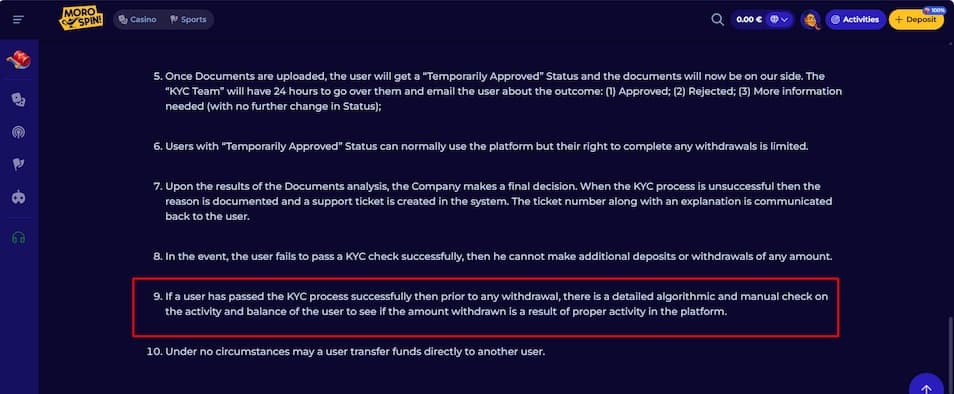 Morospin Casino KYC verification and anti-fraud check process