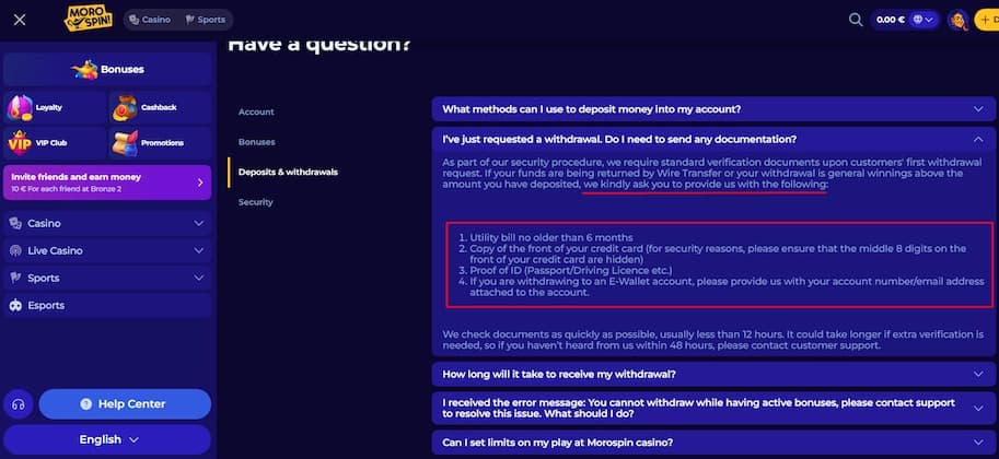 Morospin Casino KYC verification requirements and approval process