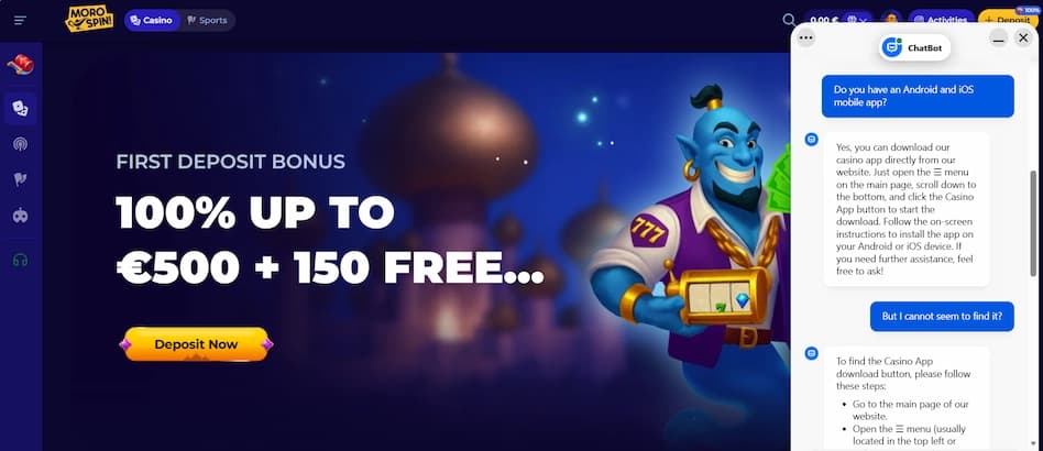 Morospin Casino 24/7 live chat support interface