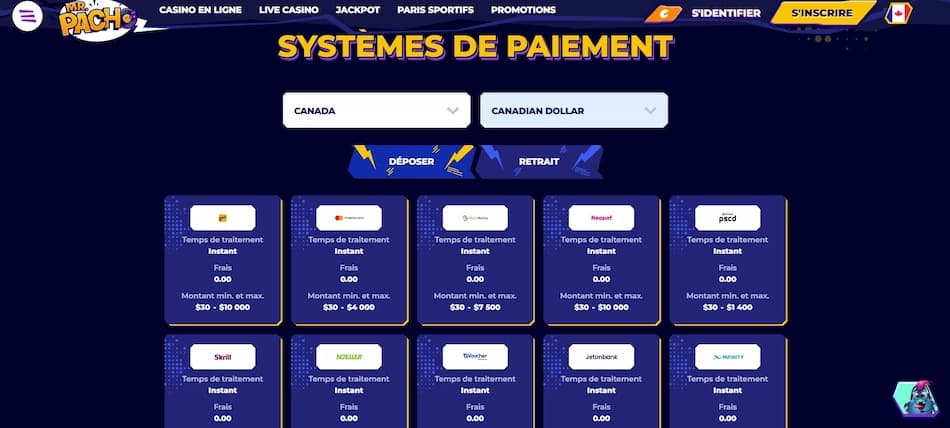 Page 'Systèmes de paiement' de Mr.Pacho affichant les options de dépôt et de retrait en dollars canadiens, avec les logos Visa, Mastercard, MuchBetter, Neosurf, Skrill, Neteller, Jetonbank et MiFinity.