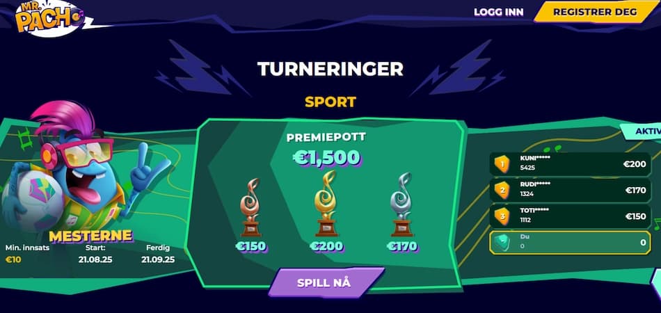 Mr.Pacho maskot presenterer aktive sportsturneringer med premiedetaljer