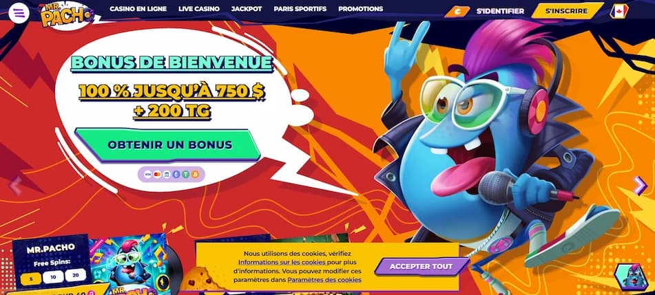 Bannière promotionnelle de Mr. Pacho présentant l'offre de bienvenue de 100 % jusqu'à 750 $ avec 200 tours gratuits, la mascotte bleue au micro et un bouton d'appel à l'action.