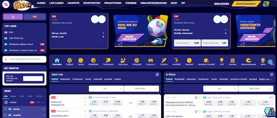 Sportwetten-Bereich bei MrPacho Casino mit vielfältigen Wettmärkten