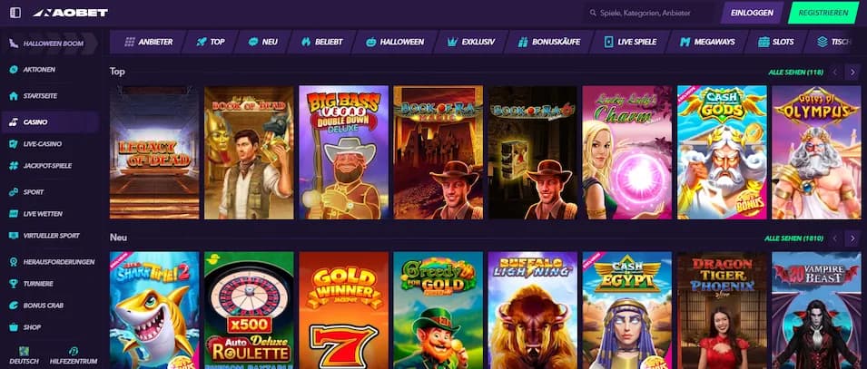 NaoBet Casino Startseite mit Spielauswahl und Navigation