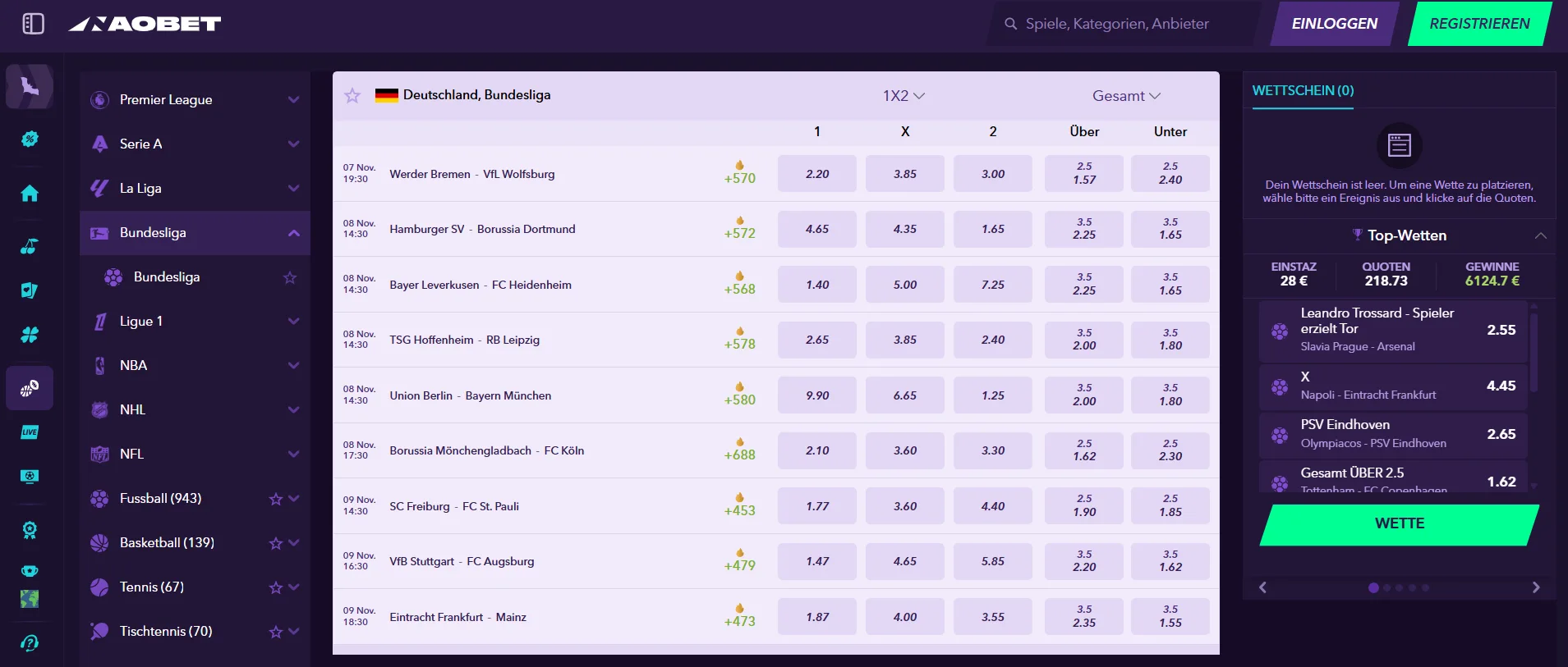NaoBet Sportwetten-Bereich mit aktuellen Wettmärkten
