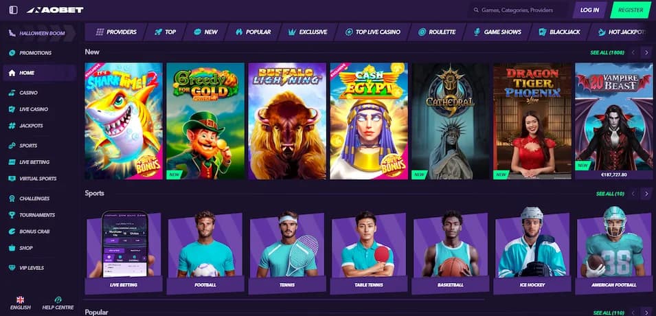 NaoBet Casino homepage showcasing featured slot games and promotions