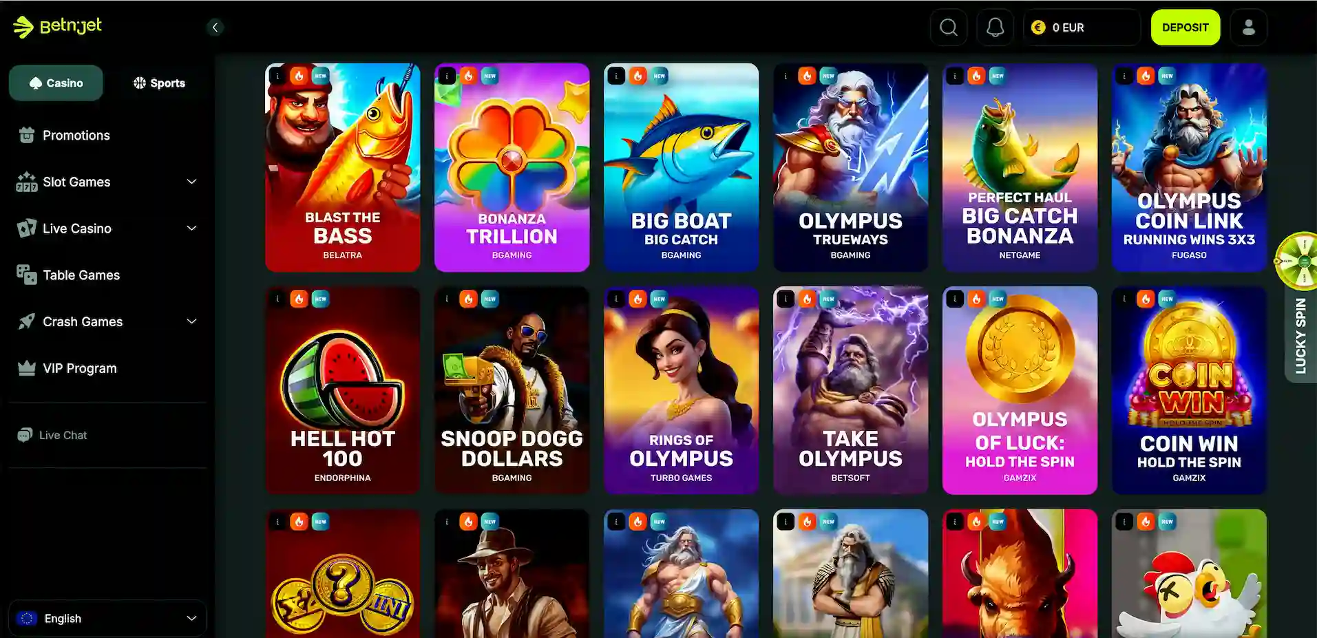 BetNjet Casino full game lobby selection overview