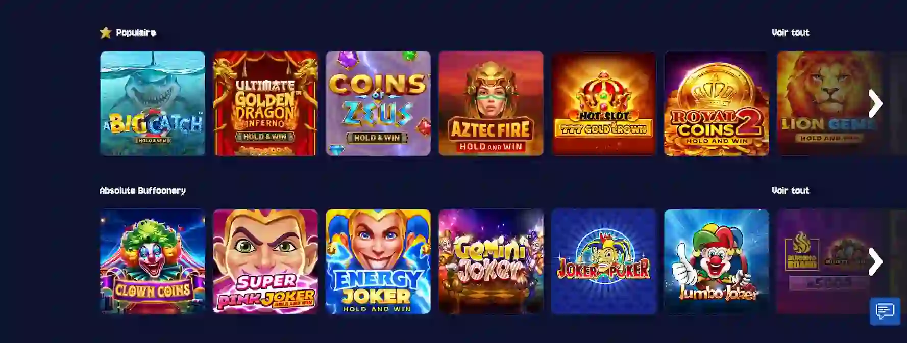 Jeux populaires sur Bet Buffoon Casino incluant Big Catch, Coins of Zeus et Clown Coins dans la section Absolute Buffoonery