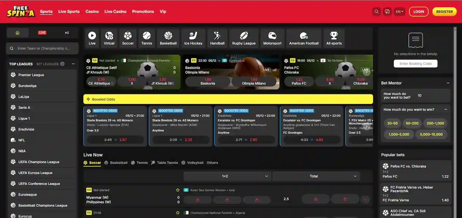 FreeSpinza sportsbook interface showing top leagues, sport categories, and bet configuration options on a dark background.