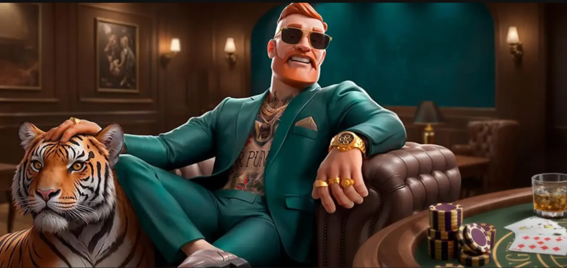 MrPunters maskott koser med en tiger ved et casinobord i et fargerikt casinomiljø.
