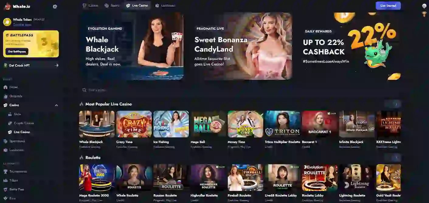 Mobilvisning av live casino-seksjonen hos Whale.io med spilloversikt og navigasjonsmeny