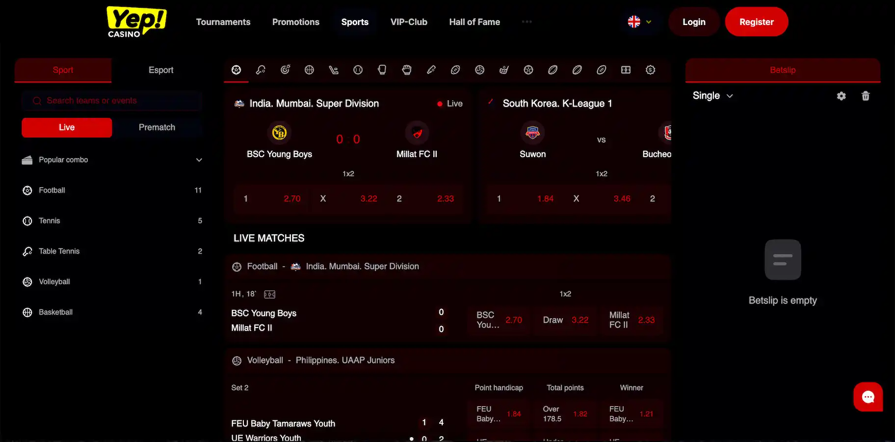 Sports and esports betting options available at Yep Casino