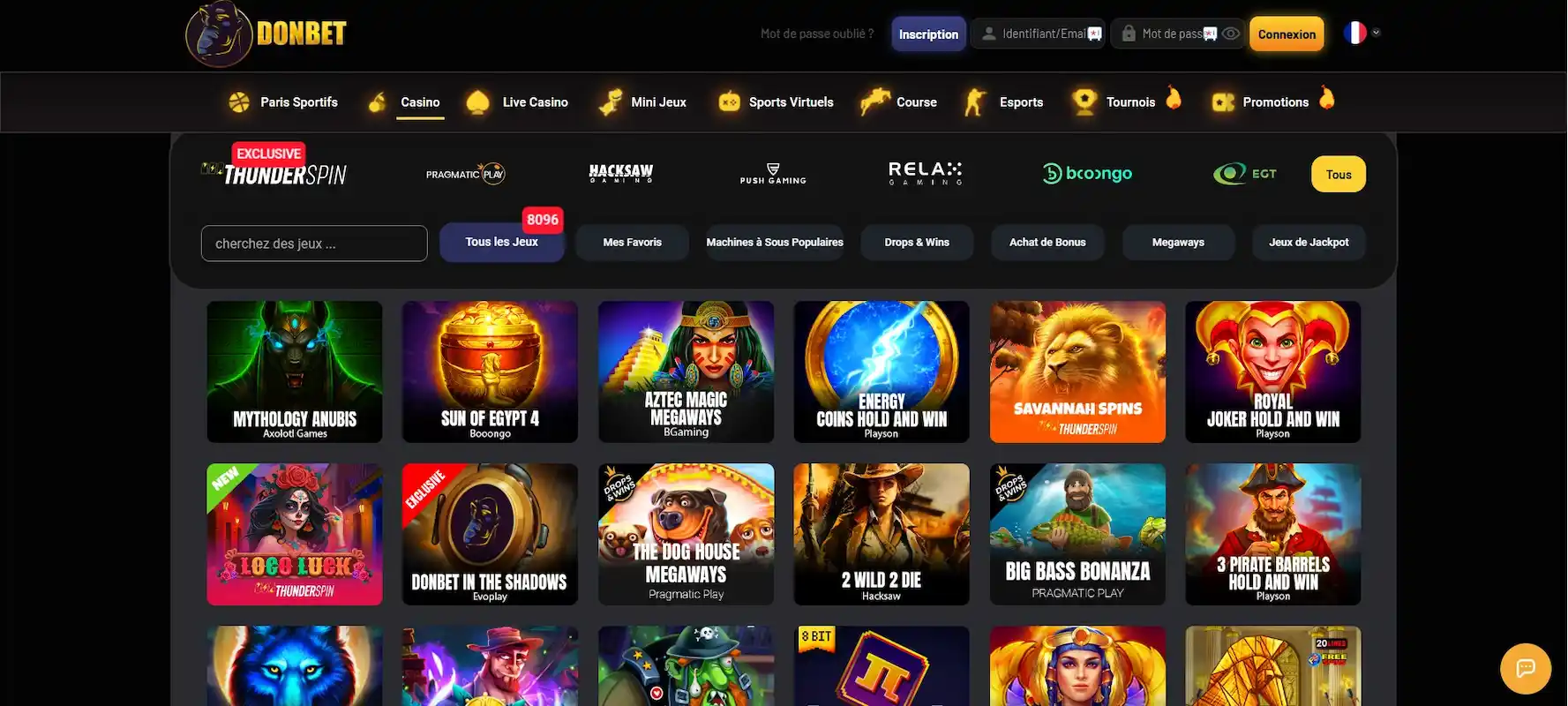 Lobby de Donbet Casino présentant les machines à sous populaires et les jeux exclusifs ThunderSpin