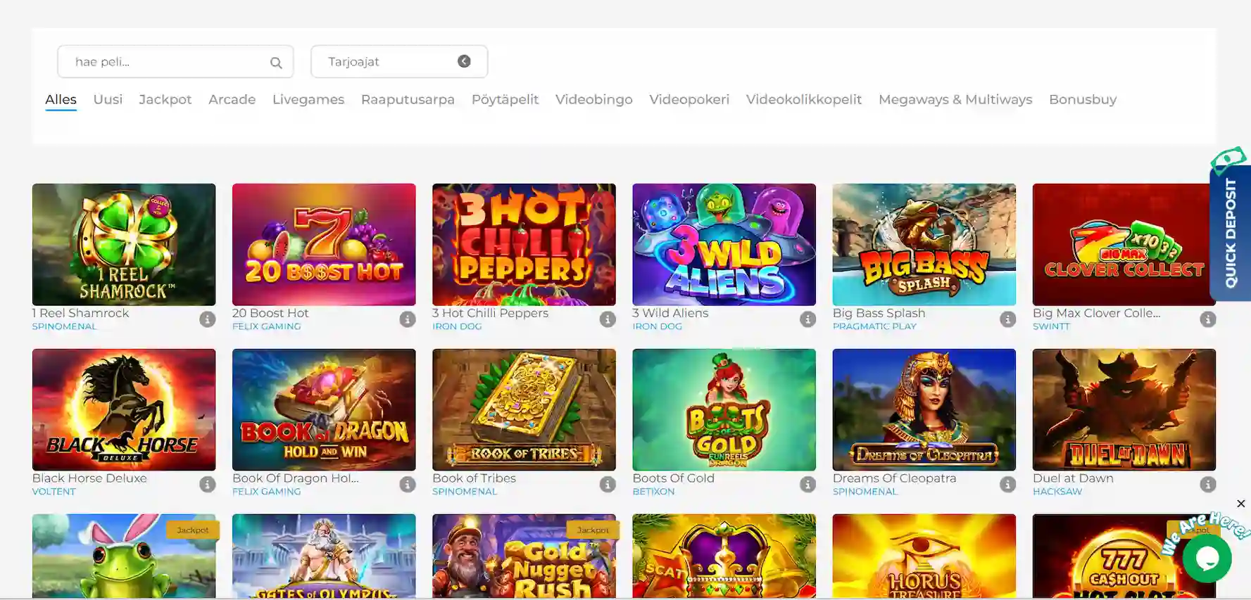 Wolfy Casinon pelivalikoima suodatusvalinnoilla valkoisella taustalla