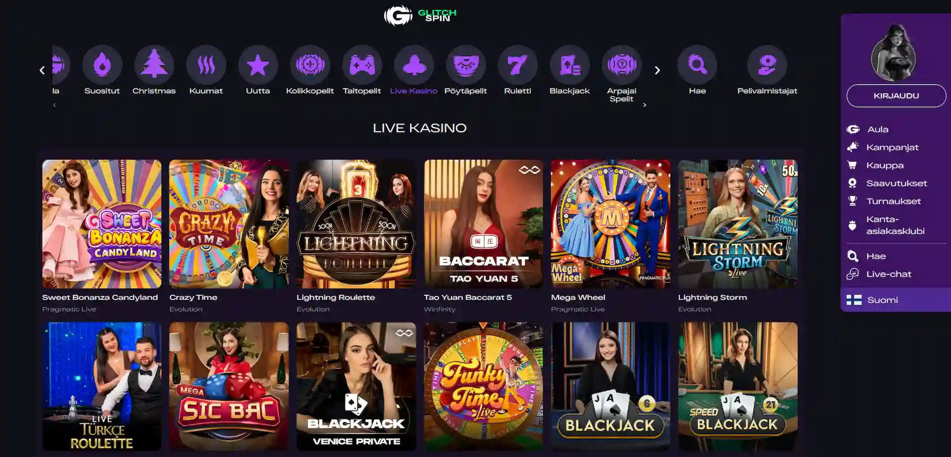 GlitchSpin Casinon live-kasinon peliaulan näkymä suomalaisille pelaajille