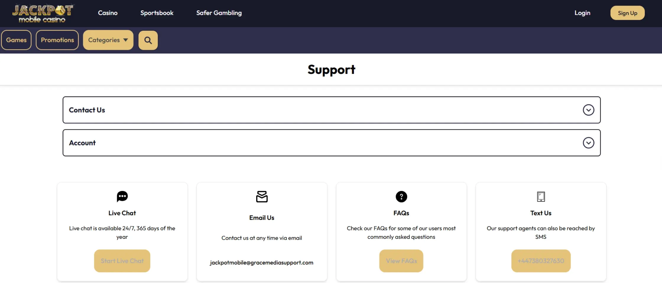 Jackpot Mobile Casino support page showing live chat and contact options