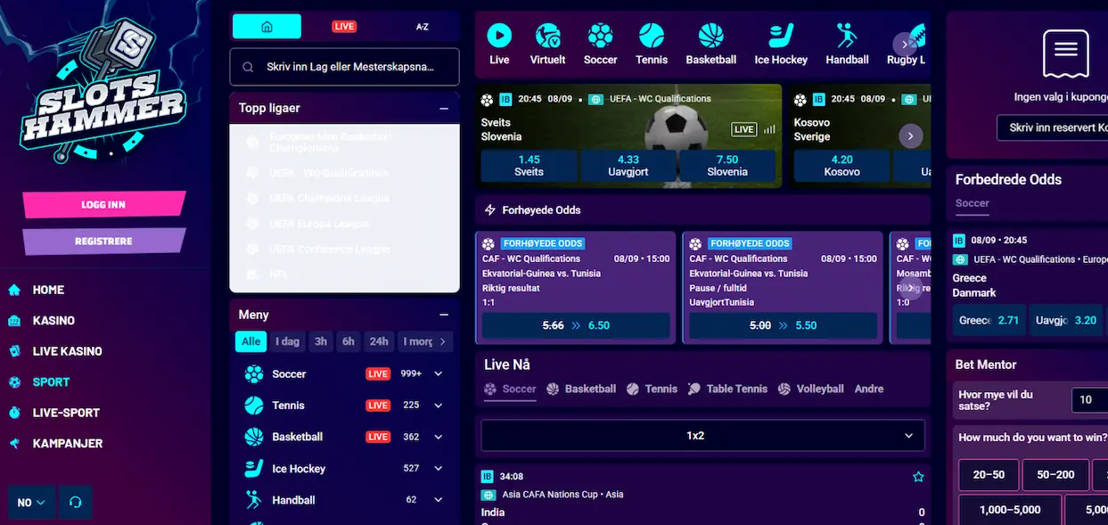 Sportsbook-siden til Slots Hammer casino med sportskategorier i menyen og tilgjengelige odds i oversikten