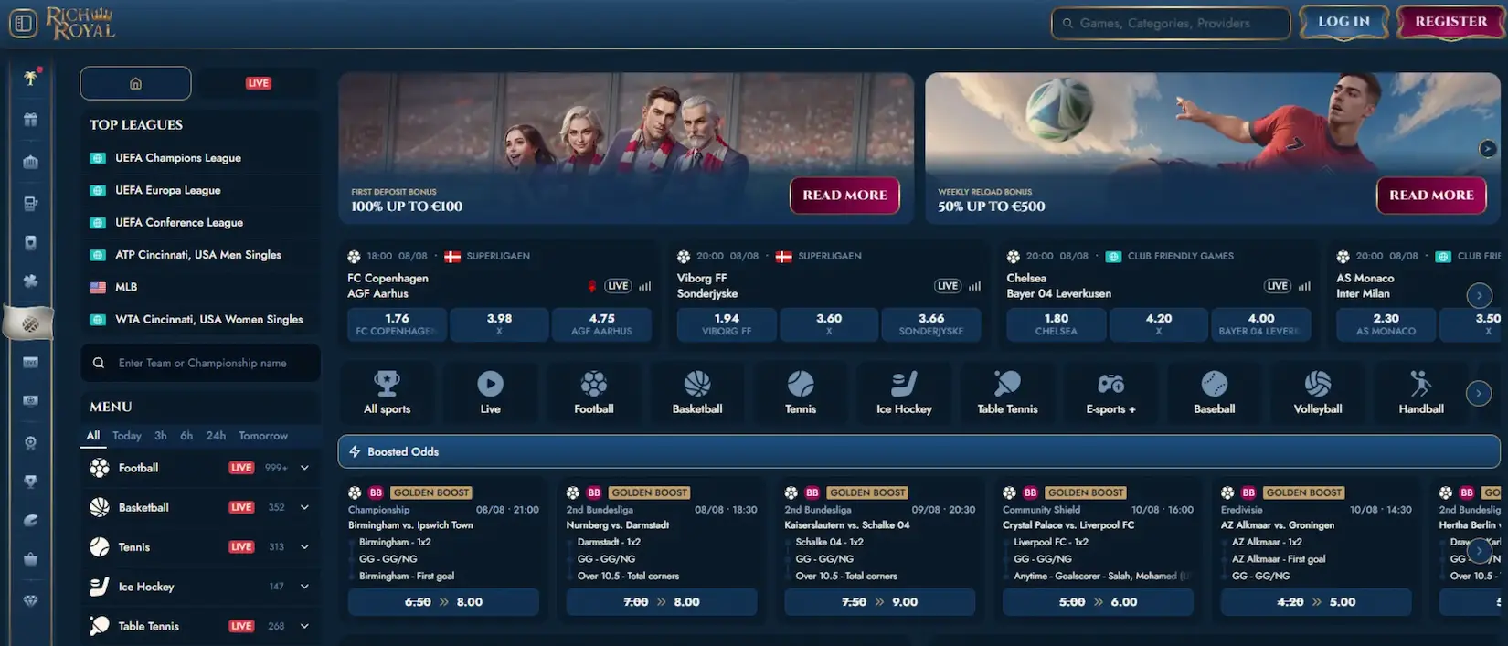 Rich Royal Sportsbook live betting interface with competitive odds