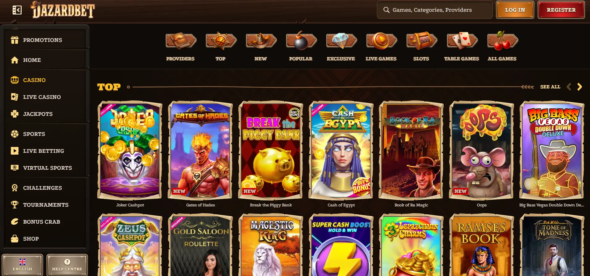 Dazardbet Casino game library page showing provider filters, Top and New category tabs, a search bar, and featured game thumbnails alongside the site header with login and register buttons
