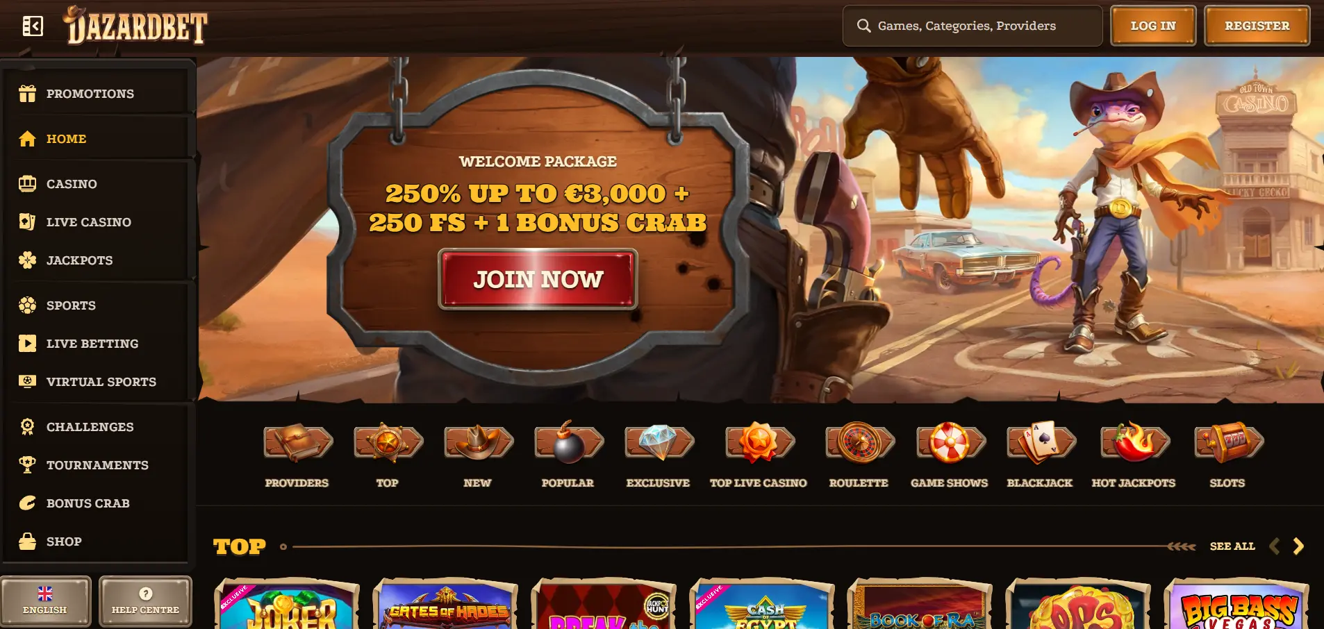 Dazardbet Casino homepage featuring a Western-themed banner with a duelling lizard illustration, welcome package details, top game selections, filtering options, a search bar, and login and register buttons