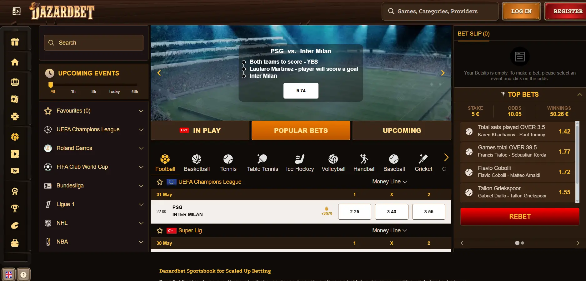 Dazardbet sportsbook page showing a stadium banner with live football match details, a sidebar with upcoming events and favourites, in-play and popular bet filters, selected match listings, and a bet slip panel on the right