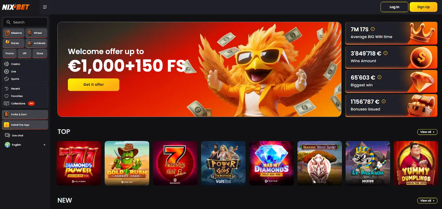 Nixbet Casino homepage featuring a welcome offer banner with an orange bird mascot, top game thumbnails, navigation menu, and live winning amounts