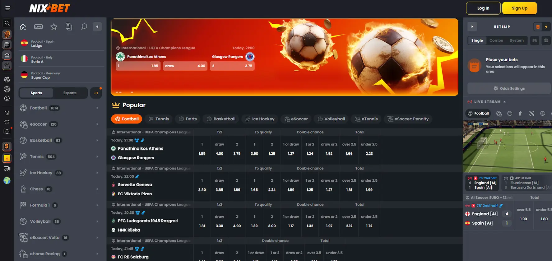 Nixbet sportsbook page showing a promotional banner, live match details, popular betting events, bet slip panel, and live wagering options