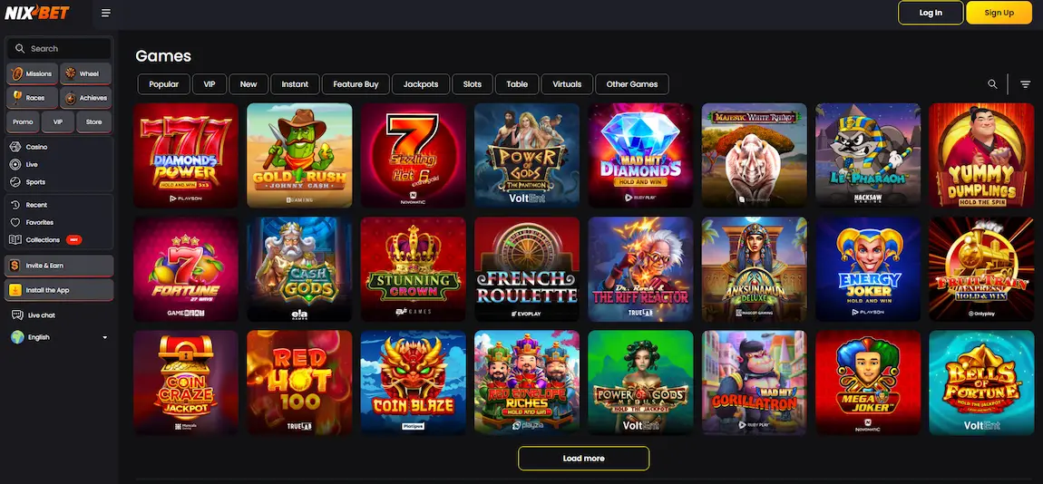 Nixbet casino game lobby displayed on a laptop screen, featuring fruit-themed and gold slot game icons against a dark blue background.