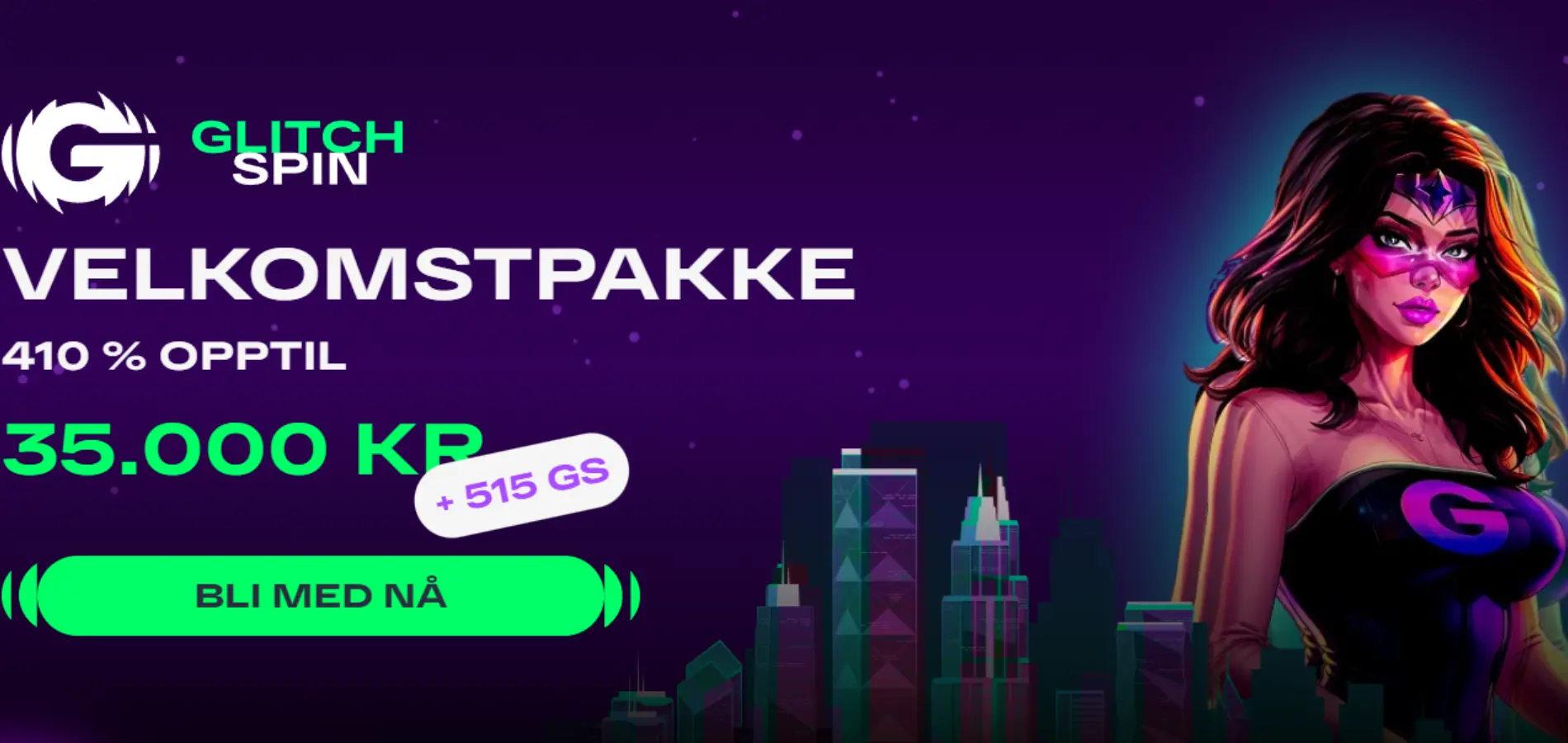 GlitchSpin casino velkomstbonus-banner som viser 410 % opptil 35 000 kroner til nye spillere